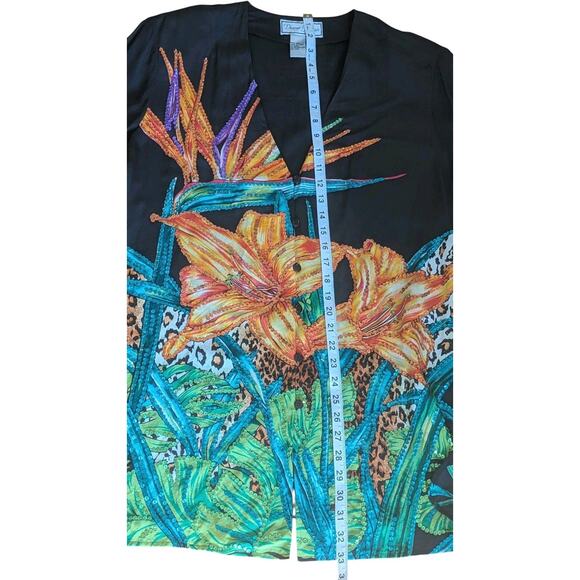 VTG Diane Gilman Silk Top L Sequin Tropical Flowers Cheetah Print 90s Maximalist - Picture 14 of 15